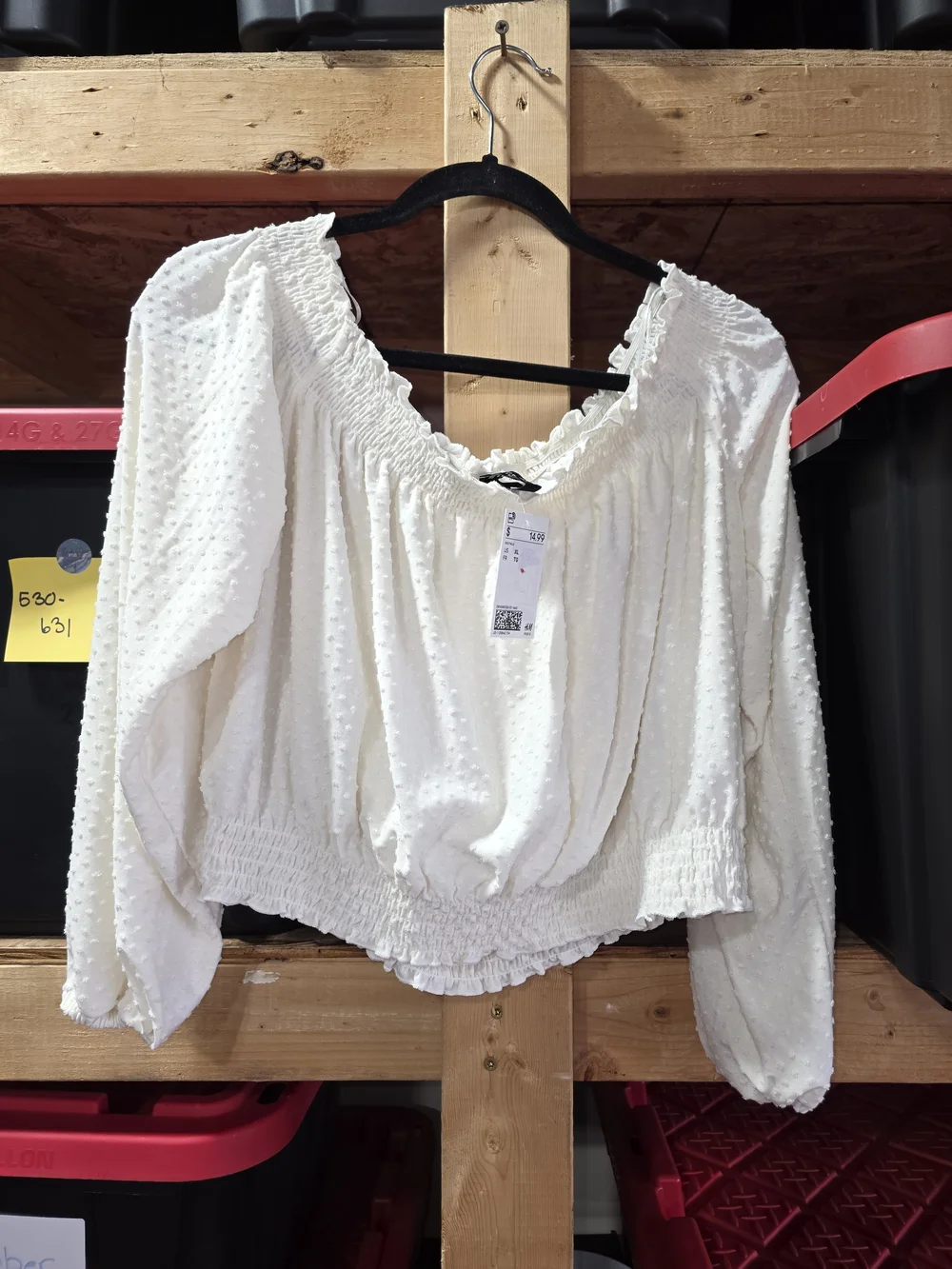 H&M Cream Smocked Swiss Dot Peasant Blouse